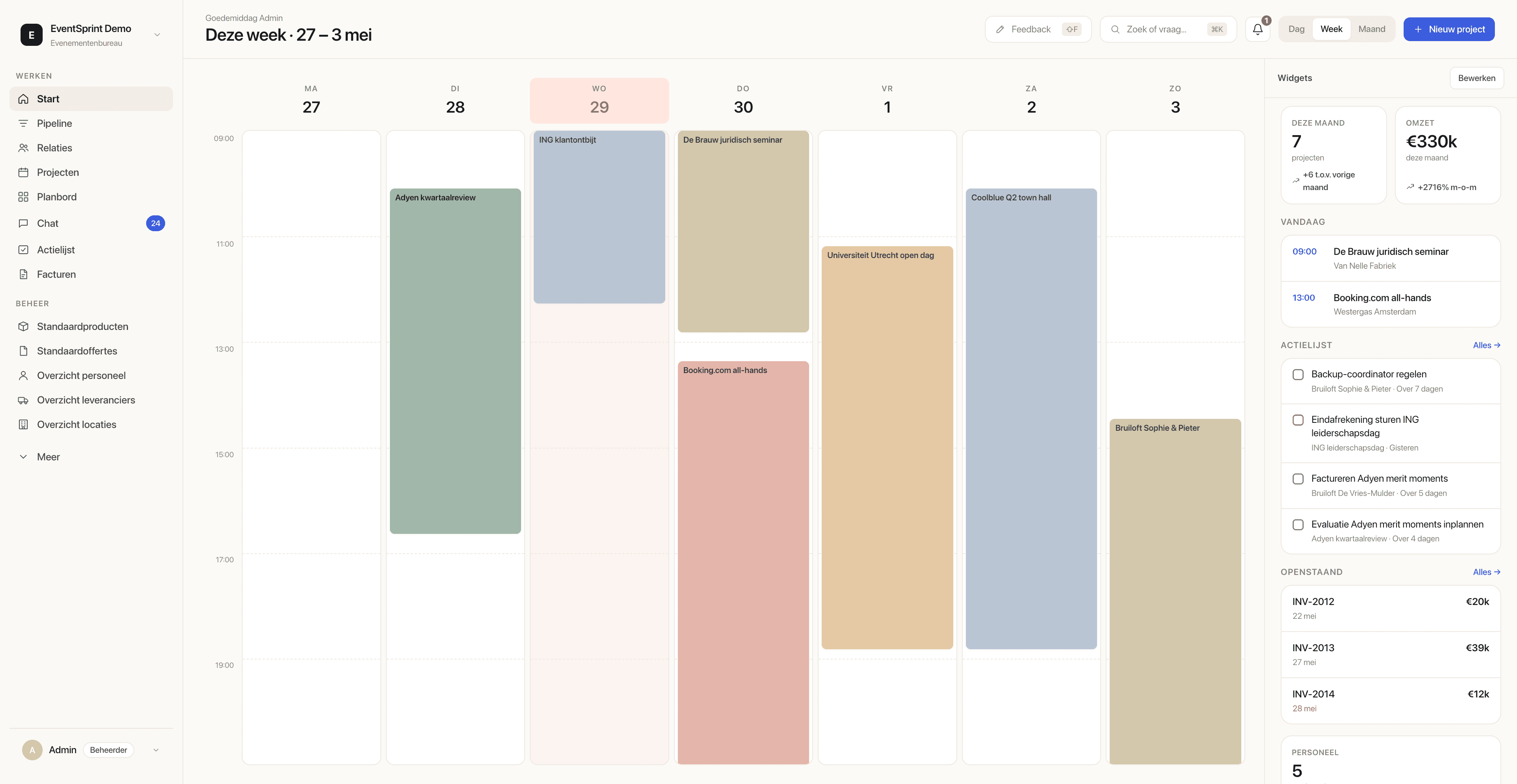 EventSprint dashboard met weekplanning, omzet en actielijst