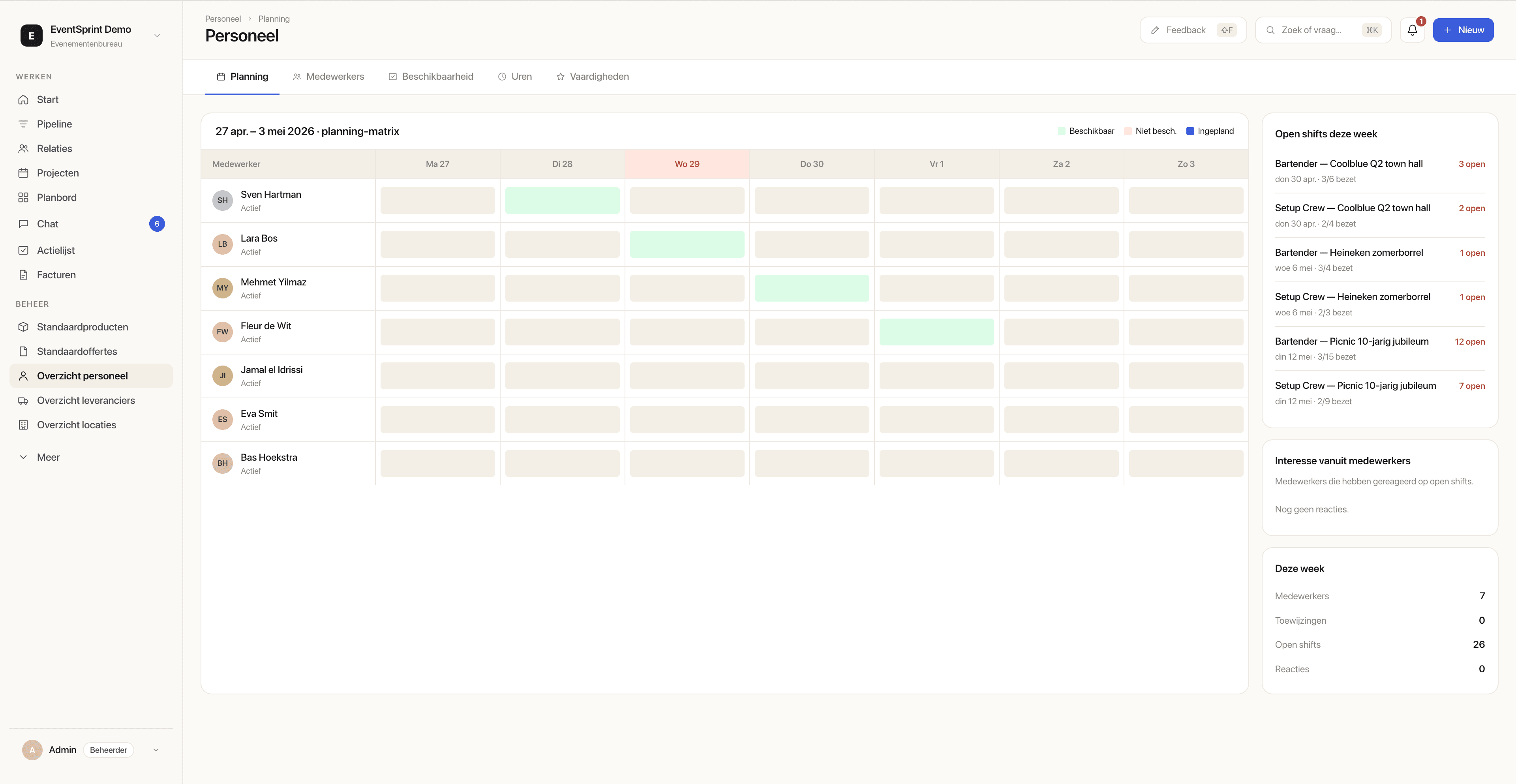 Personeelsplanning: beschikbaarheidskalender en inroostering